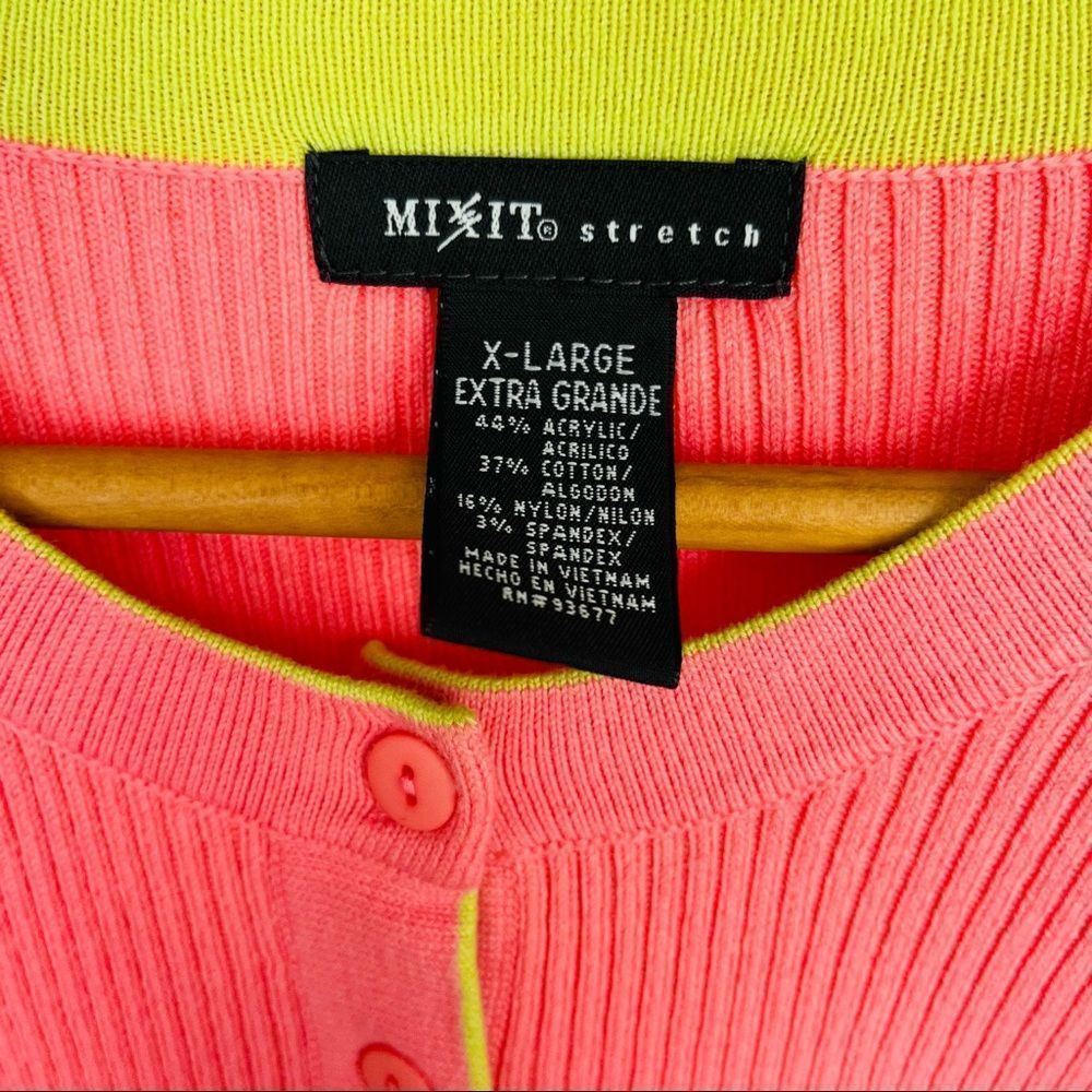 Vintage 90s Mix It Stretch Sweater in Pink, Size XL with V-Neck Maximalism Neon - Picture 2 of 7